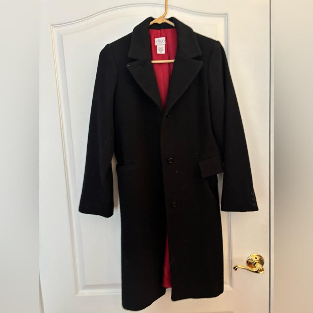 Black Womens Wool Overcoat with Red Lining